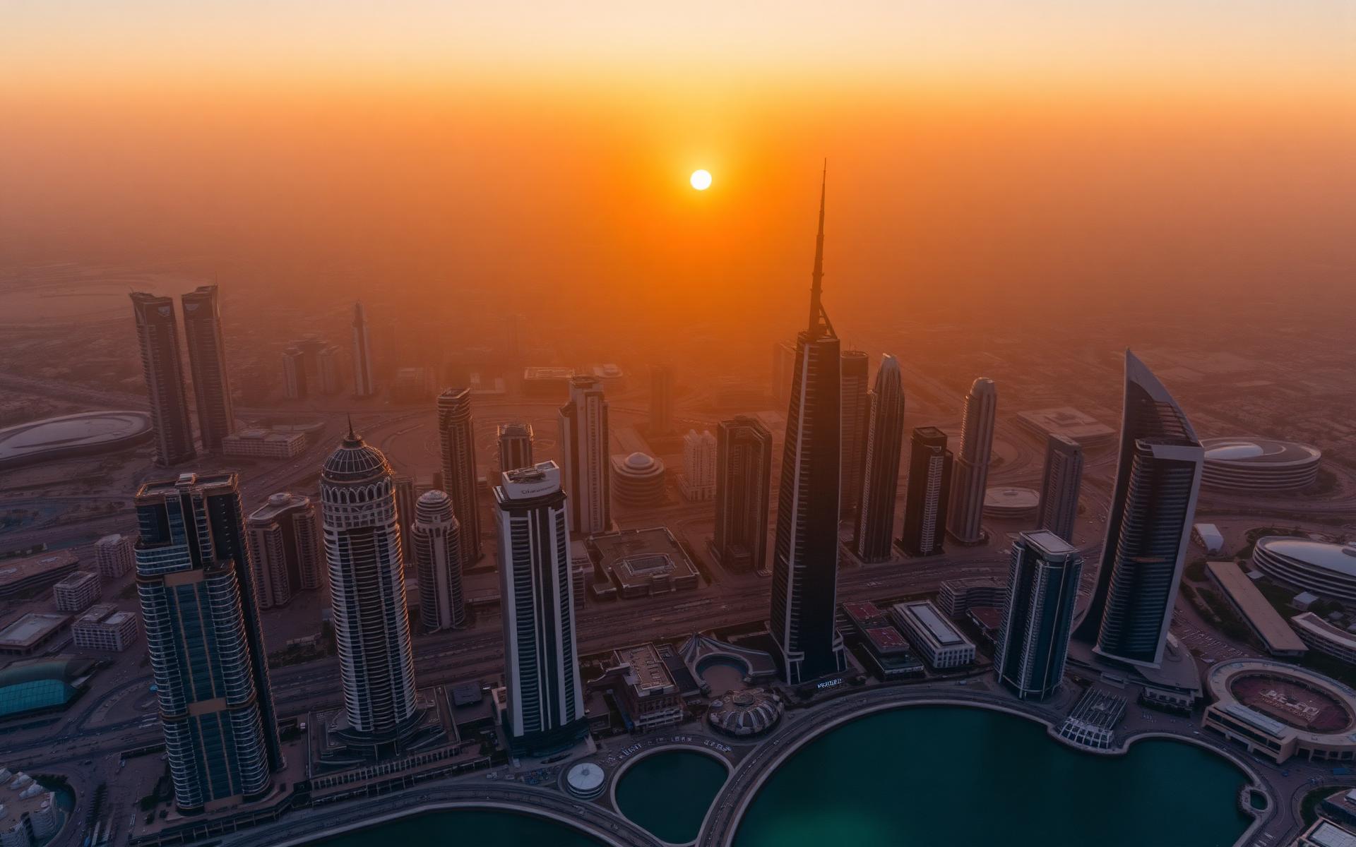The Dubai skyline at dusk with the Burj Khalifa in view